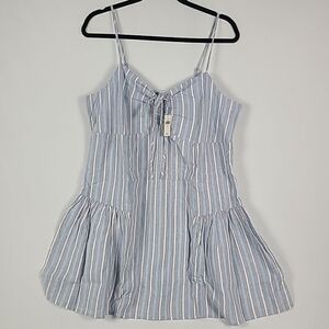 NWT Aerie Women's Linen Blue Red Striped Mini Swing Sun Dress Boho Sz L
